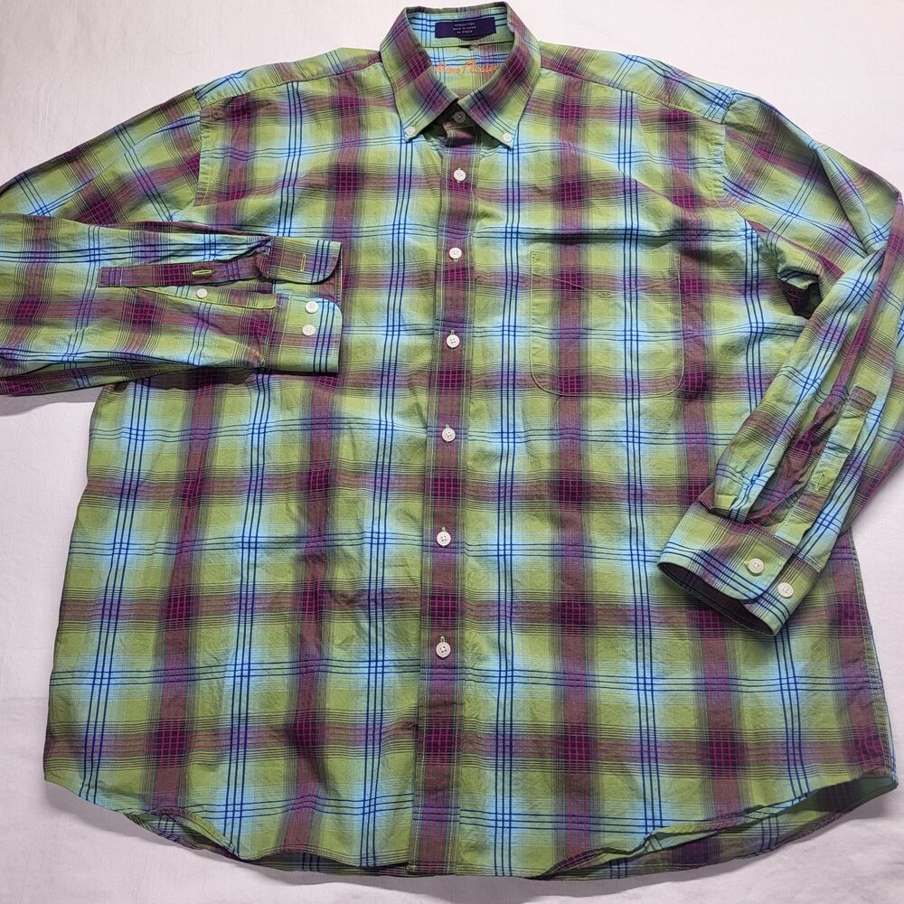 Mens Alan Flusser Shirt Large Multicolor Plaid Long Sleeve 100% Cotton READ